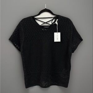 Jessica Simpson Alicia Crochet Black Top Size XL Short Sleeve NWT New